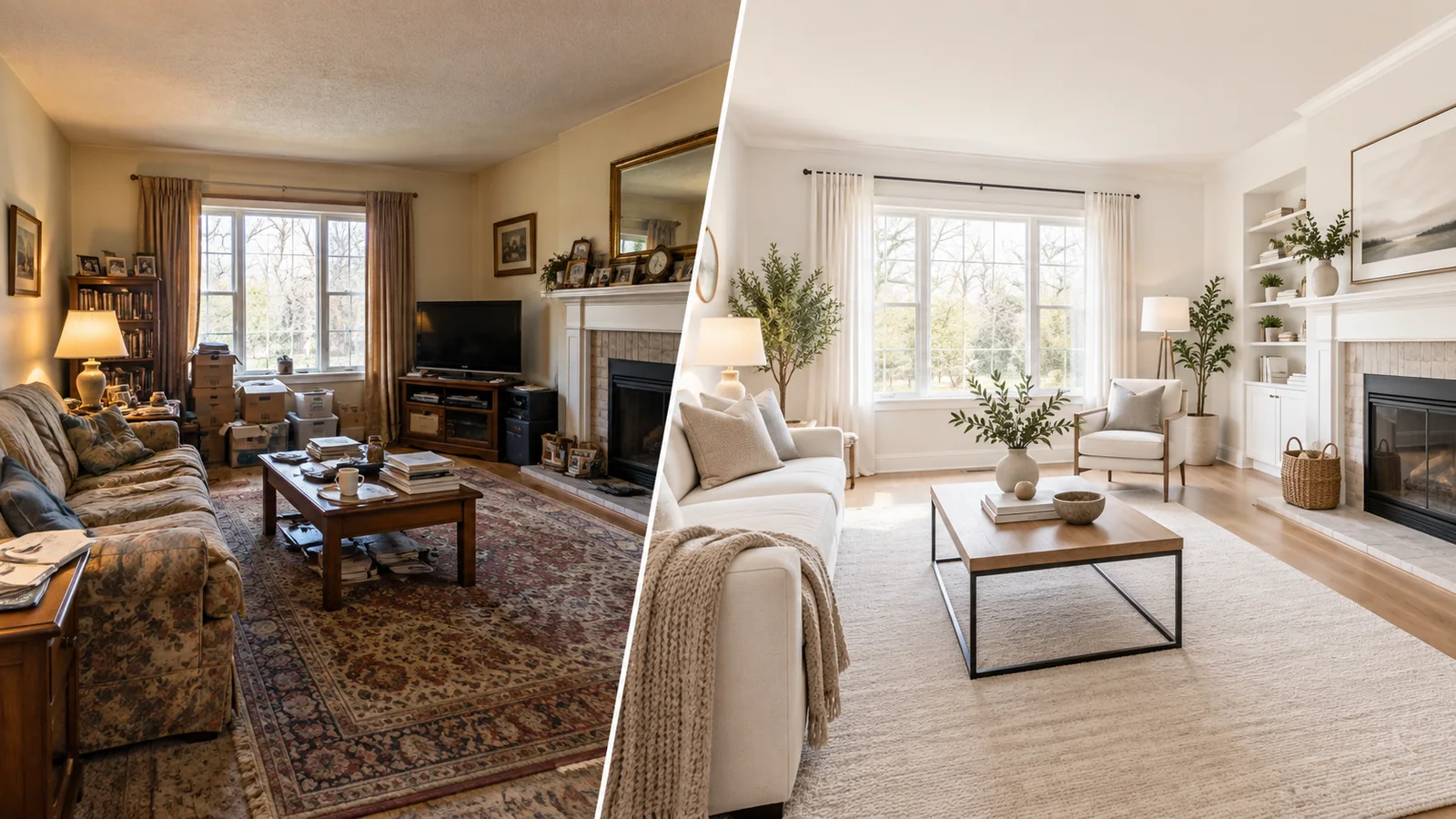 Before and after home staging transformation of a living room